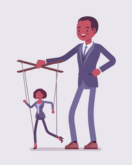 Marionette black businesswoman manipulated and controlled by male puppeteer. Unhappy obedient female manager under boss influence, strong man with authority operates a weak woman. Vector illustration