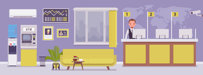 Bank office and male professional manager. Financial center modern corporate interior design, young man working in a banking branch, employee to deal with services and customers. Vector illustration