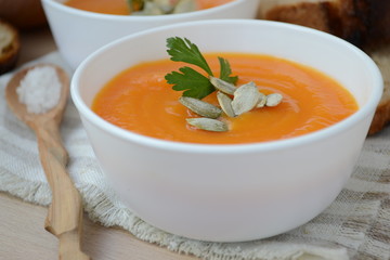 Pumpkin soup. Gourmet food is healthy and very tasty.