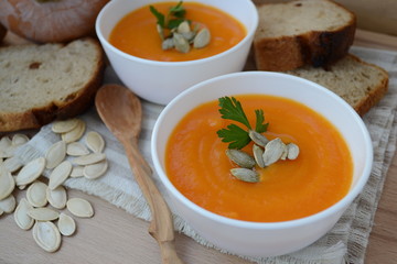Pumpkin soup. Gourmet food is healthy and very tasty.