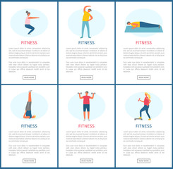 Fitness sports people in gym vector, man and woman working out, losing weight. Men with dumbbells, planking person on mat, squats training websites