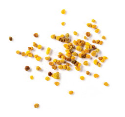 Bee pollen pile isolated on white background, top view