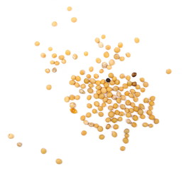 Yellow mustard seeds macro isolated on white, top view