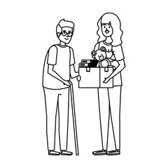 woman volunteer giving a old man donations box