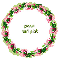 Floral wedding invitation or save the date card with green leaves, pink and red flowers on a white background. Vector illustration.