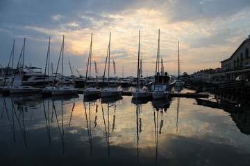 yachts at sunset