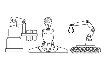 robot with brain and robotic arms black and white