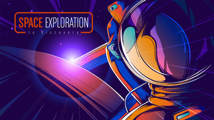 A comic illustration of an astronaut in space with sunlight at horizon.