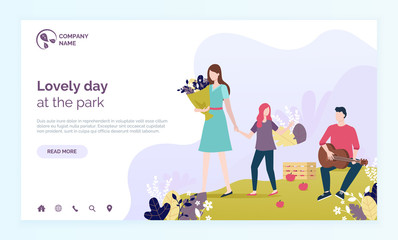 Lovely day in park vector, man playing, guitar, guitarist with musical instrument, kid walking with mother. Woman holding bouquet and selling. Website or web page template, landing page flat style