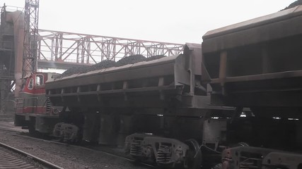 Movement by rail railway wagons loaded with coal at the plant