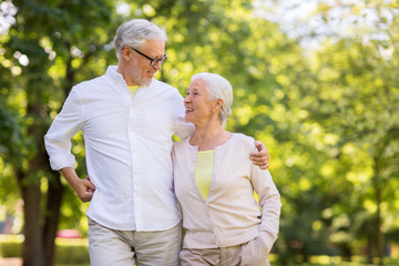 old age, relationship and people concept - happy senior couple hugging at summer park