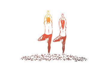 Husband and wife in sportswear standing in tree posture, balance and concentration exercise, fitness workout