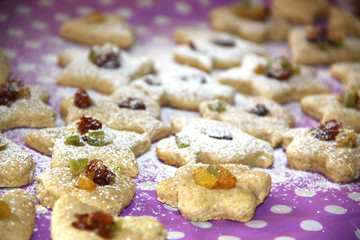 Oatmeal cookies, dietary of different shapes, with raisins and dried apricots. Baking, baking concept. Proper nutrition concept.