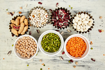 Collection set of beans and legumes. Bowls of various lentils