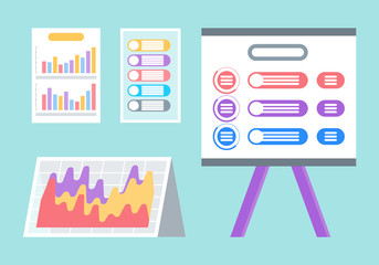 Documents and screen with infographics vector. Set of isolated icons, diagrams and templates, business planning and analytics, graphics and charts