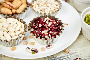 Bowls of various Collection set of beans and legumes.
