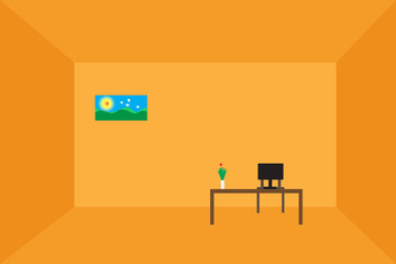 An orange room with a computer desk in the room