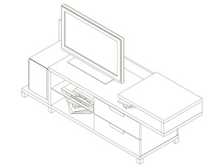 Contour nightstand with TV. Table for home appliances. Isometric view. Vector illustration