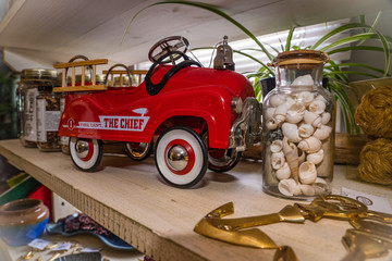 Flower shop items on display.