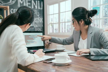 Rear view at two businesswomen analyzing stats financial data on pc laptop pointing at screen with rising graph and charts discussing company growth. office women colleagues in suit work in cafe bar