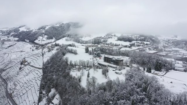 Aerial fly-by over snow covered forest, revealing Lavaux vineyard. Foggy and cloudy day, Switzerland