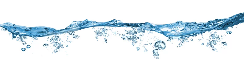 Fotobehang vers blauw natuurlijk drinkwater Golf breed panorama met bubbels concept geïsoleerde witte achtergrond © stockphoto-graf