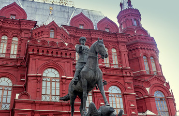 Fototapeta na wymiar Moscow, Russia. April 14, 2019 Monument to commander Georgy Zhukov against the background of the historical museum.