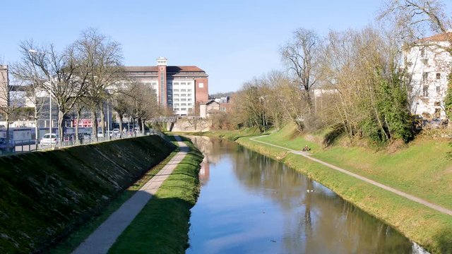 View on the Meurthe river and its banks in the city of Nancy, France. Nancy is the capital of the north-eastern French department of Meurthe-et-Moselle.
