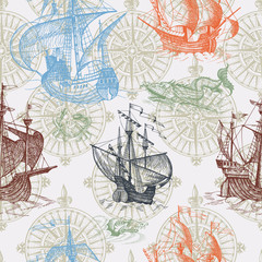 Old caravel, vintage sailboat, sea monster. Seamless pattern