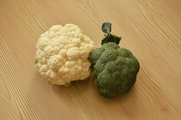 Broccoli and cauliflower on the table