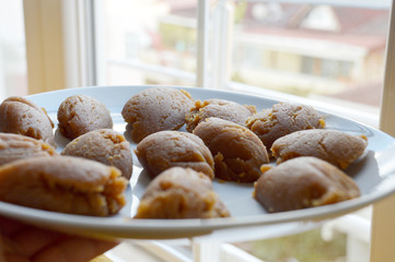 Traditional turkish sweet food halvah in a plate