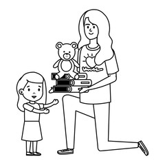 woman volunteer giving a girl books and bear teddy