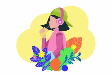 Young teenage girl drinking juice and listening music - vector illustration in flat cartoon style