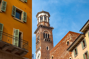 Verona, Italy – March 2019. Historic town square Elbe with stairs surrounded by cafes and buildings of peculiar architecture, Verona, Italy