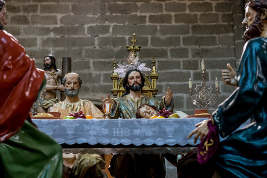 Avila, Spain - April 17, 2019. The Last Supper,  religious images of the Holy Week footsteps inside the Cathedral of Ávila, Spain