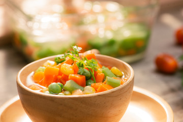 Close up of steamed vegetables on isolated background