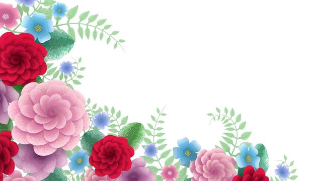 Toon flowers growing, appearing, botanical background, decorative corner frame, blank space for text, pencil style cartoon, diy project, intro, isolated on white background, ideal for title