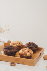 Breakfast with fresh homemade delicious muffins and milk.