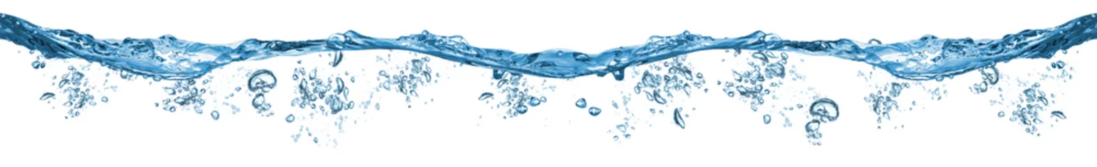Foto op Plexiglas vers blauw natuurlijk drinkwater Golf breed panorama met bubbels concept geïsoleerde witte achtergrond © stockphoto-graf