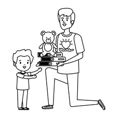 man volunteer giving a boy books and bear teddy