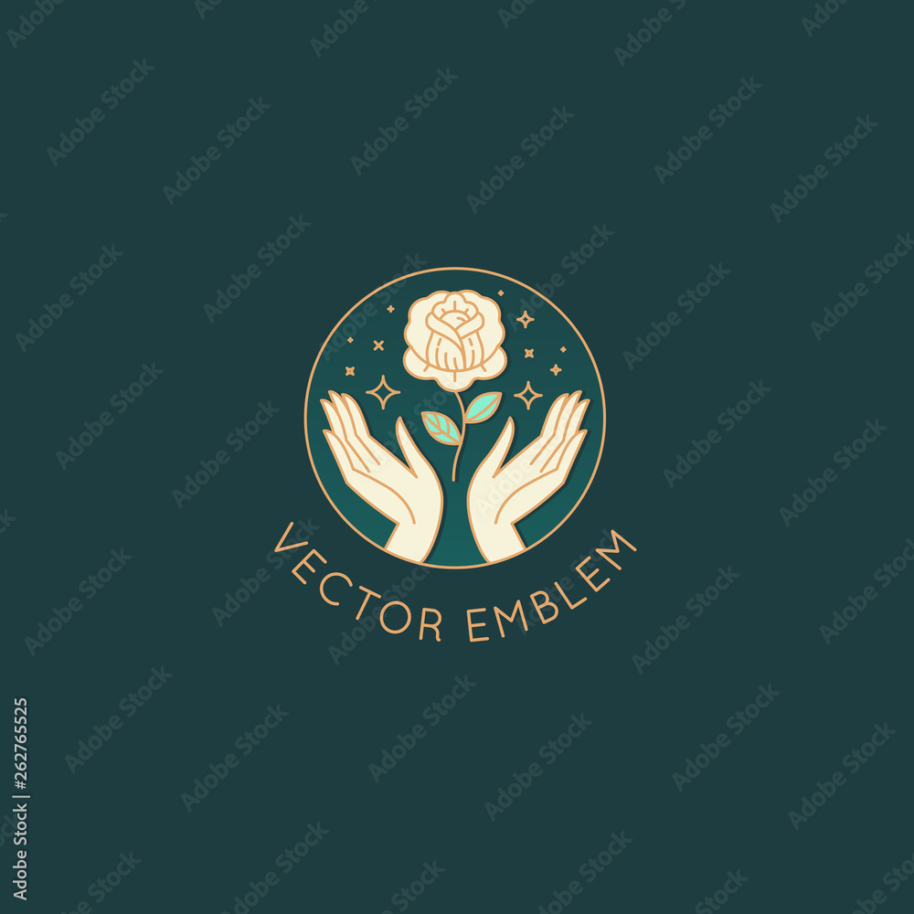Poster Vector abstract logo design template in trendy linear minimal style - hands with rose flower and stars
