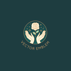 Vector abstract logo design template in trendy linear minimal style - hands with rose flower and stars