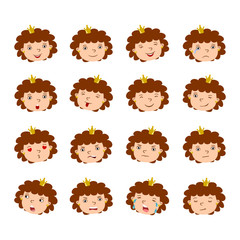 Set of funny Princess facial expressions in cartoon style with different emotions isolated on white background