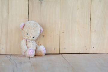teddy bear sitting on the wooden floor