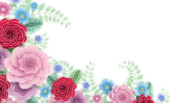 Watercolor drawing flowers growing, appearing, botanical background, decorative corner frame, blank space for text, aqua style cartoon, diy project, isolated on white background, ideal for title