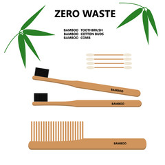 Zero Waste. Bamboo toothbrush. Bamboo comb and cotton buds. Eco wooden vector illustration.