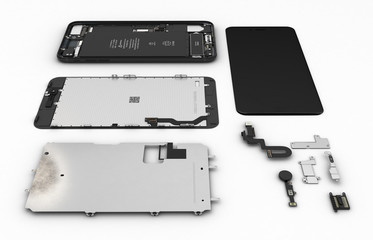 Flat Lay of smartphone components on white background 3d ilustration