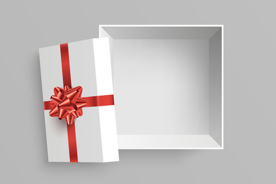 Open gift box vector illustration. Opened square surprise box with red bow and ribbon isolated on grey background. View from above. Element for your design. Eps 10,
