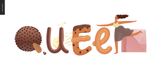 Dessert lettering - Queen - modern flat vector concept digital illustration of temptation font, sweet lettering and girls. Caramel, toffee, biscuit, waffle, cookie, cream and chocolate letters