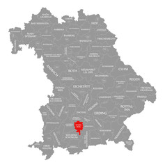 Starnberg county red highlighted in map of Bavaria Germany